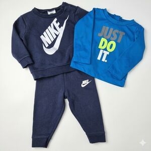 Nike Baby Boy 3pc Set 12M Navy Fleece Sweatsuit & Blue Dri-FIT Top Bundle